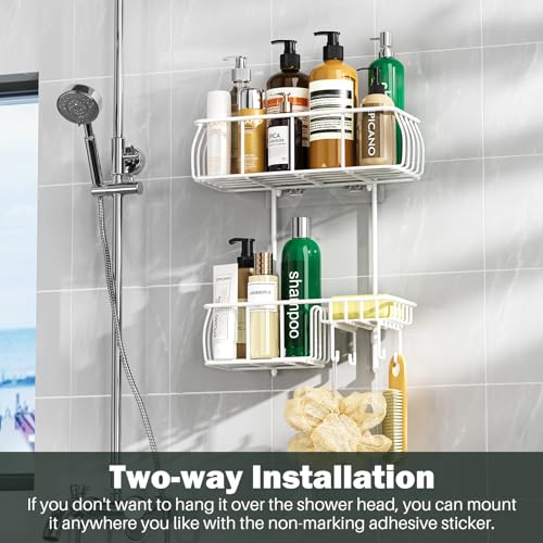 Epicano Shower Caddy Hanging Over Head, White,Stainless Steel | Rustproof,4 Hooks for Towels,Sponge and & Bathroom Accessories,Anti-Swing Suction Cups & Adhesive hooks - color: White