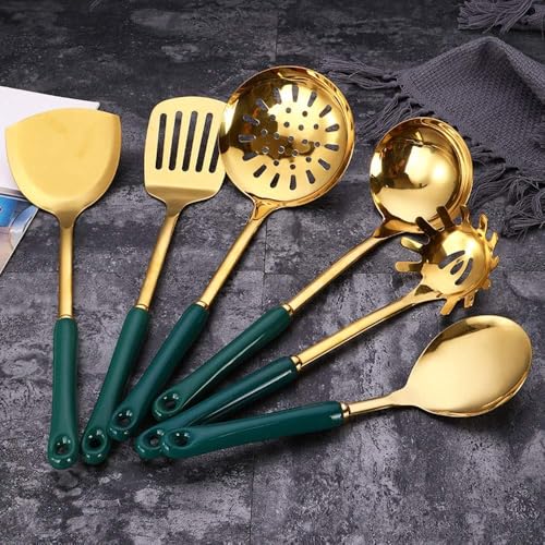 7pcs Kitchen Cooking Stainless Steel Utensils Set With Holder,Nonstick Ceramic Handle Cooking Tools Gadgets Spatula Set With Storage Organizer Stand Cookware Kitchenware Set Gift (Green Gold Stripe)