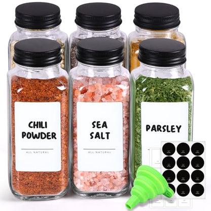 ComSaf Glass Spice Jars with with Labels 8 oz 6 Pack Square | Empty Containers, Seasoning Herbs Powders, Salt Pepper Chili, Spice Rack Organization, Kitchen Cabinet Storage - color: 8oz*6 Metal Lids