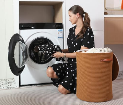 16"x20" Extra Large Cotton Rope Basket with Zipper Lid, Woven Laundry Hamper and Blanket Storage Basket, Round Clothes Bin for Living Room Bedroom, Rust Brown - color: All Orange Brown