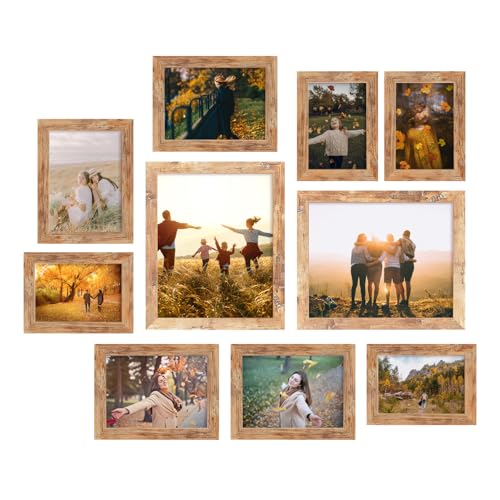 iRahmen Collage Picture Frames Set of 10, Wall Decor for Mounting or Tabletop Display, Family Photo Gallery Frame Set - Multi Sizes Including Two 8x10, Four 5x7, Four 4x6, HD Glass, Rustic Wood - color: Rustic Brown