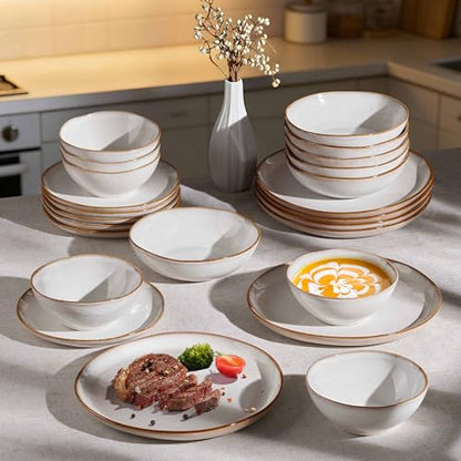 Herogo Stoneware Dinnerware Sets, 12 Piece Dinner Dishes Set for 4, Ceramic Plates and Bowls Dishware, Tableware Includes Dinner Salad Plates, Soup Bowls, Microwave & Dishwasher Safe, Pearl White - color: Pearl White, size: 4 Set (12pcs)