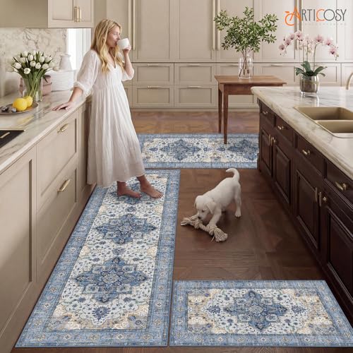 3 Piece Kitchen Rugs Sets with Runner, Washable Non Slip Soft Boho Kitchen Mats, Low Pile Stain Resistant Carpet for Hallway, Laundry Room, Entryway (20"x32"+20"x48"+20"x59", Blue Beige Cream) - color: Blue Beige Cream