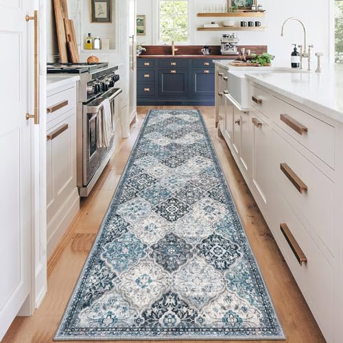KILOCOCO 2.6x12 Washable Runner Rug, Non Slip Area Rug for Hallway Kitchen | Soft Moroccan Trellis Spill & Stain Resistant Low Pile Carpet for Entryway Office Laundry Bedroom, Easy Clean - color: Blue/Multi, size: 2'7" x 12' (Runner)