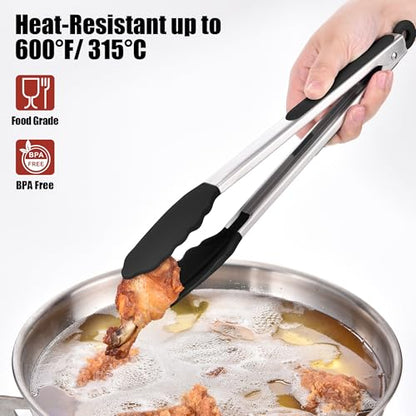 Doosu 9+12in Kitchen Tongs for Cooking - 600°F Heat Resistant Food Tongs with Non-Scratch Silicone Tips & 4-Piece Silicone Spatula Set Kitchen BPA Free Food Grade Baking Supplies Cooking Tools (Black)