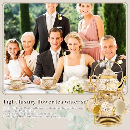 20 Pieces Porcelain Tea Set With Metal Holder, European Ceramic tea set for adults,Flower Tea Set,Tea Set For Women With Flower Painting - color: Golden
