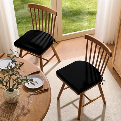 downluxe Memory Foam Linen Kitchen Chair Pads with Ties, Chair Cushions for Dining Chairs, 17" x 16" x 2.5", Black, 2 Pack