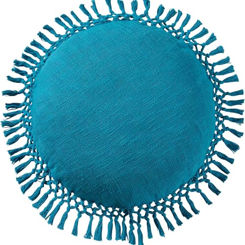 Indigo Ink Round Teal Blue Decorative Throw Pillow with Tassels - 20" x 20" | Cotton Throw Cushion for Couch, Chair, Bed | Cute Home Decor | Soft Plush Filling | Tufted Medallion Collection - color: Teal Blue, size: 20" Round