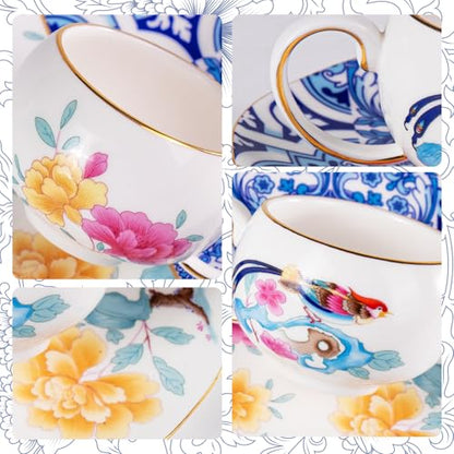 KAMMAK Tea Cups and Saucers Set of 2, Fine Bone China Coffee Cups, GH015 | Stackable Espresso Mugs, Ceramic Demitasse for Coffee, Cappuccino, Latte, Americano, Tea - size: 8KPGH015