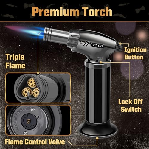 Whiskey Smoker Kit with Torch- 6 Wood Chip Flavors, 4 stainless steel ice cubes - Cocktail Smoker Infuser Kit for Bourbon & Old Fashioned, Birthday Whiskey Gifts for Men, Dad(No Butane, No Glass)