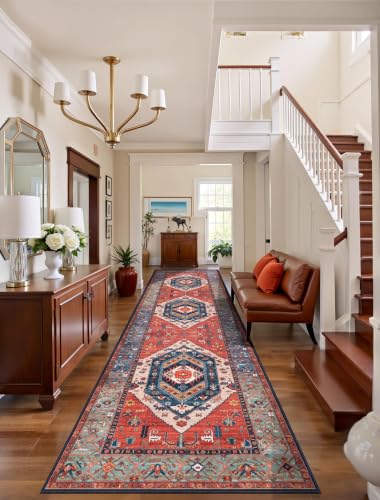 SERISSA 3x10 Washable Non Slip Boho Runner Rug for Hallway，Rust | Ultra Soft Vintage Oriental Carpet Low-Pile Tribal Floor Carpet for Stair Kitchen Bedroom Bathroom Laundry Room - color: Rust/Multi, size: 3' x 10' (Runner)