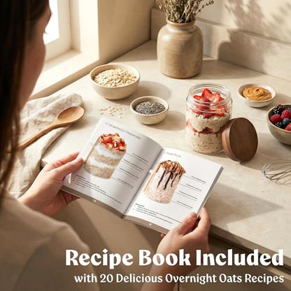 Overnight Oats Containers with Lids - Glass Mason Jars, Meal Prep | Acacia Wood, Airtight Silicone Seal Set of 4 - Stackable for Chia Pudding, Yogurt, Cereal, Oatmeal, Salad, Pantry Storage - color: 4 pack - Acacia no Spoon