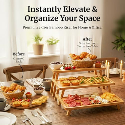 3 Tier Serving Tray, Wooden Tiered Stand for Charcuterie | Tiered wooden food display for cupcakes, cheese and appetizers; ideal for dessert tables, parties, weddings and events.