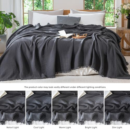 MooMee 100% Cotton Muslin Blanket, Fringed 4-Layer Gauze Bed Couch Throw | Soft Breathable Lightweight Thin Coverlet Summer Blankets for Adults, Bed & Couch All Seasons, Dark Grey, 66" x 90" - color: Dark Grey, size: Twin XL