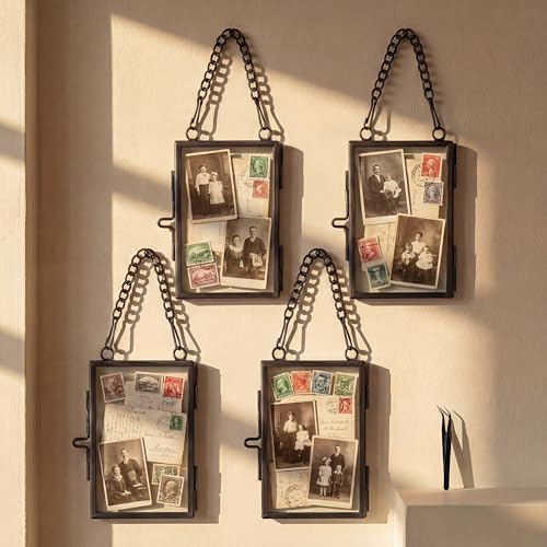 4 Pcs Pressed Flower Frame with Tweezers, Wall Hanging Tabletop Display Double Glass Frames with Metal Chain for Pressed Dried Flowers Plants, Horizontal and Vertical Picture Frame, Black, FRAMES ONLY - color: Balck-4