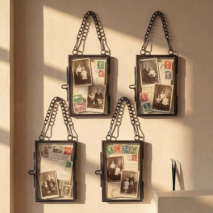 4 Pcs Pressed Flower Frame with Tweezers, Wall Hanging Tabletop Display Double Glass Frames with Metal Chain for Pressed Dried Flowers Plants, Horizontal and Vertical Picture Frame, Black, FRAMES ONLY - color: Balck-4