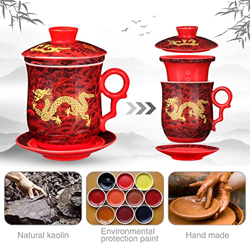 Chinese Tea Cup with Lid, Dragon Pattern, Red, 11.8 fl oz (350ml) | Ceramic tea mug with infuser and lid, dragon tea cup design, matching saucer, removable strainer, for loose-leaf brewing - color: Red