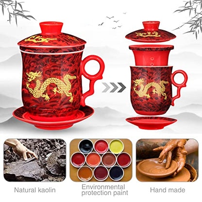 Chinese Tea Cup with Lid, Dragon Pattern, Red, 11.8 fl oz (350ml) | Ceramic tea mug with infuser and lid, dragon tea cup design, matching saucer, removable strainer, for loose-leaf brewing - color: Red
