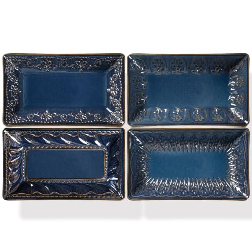 Salad Plates Set of 4, 9.85" Embossed Ceramic Rectangular Appetizer Plates, Deep Lipped Edges, Microwave & Dishwasher Safe, Dessert Sushi Pasta Serving Plates (Blue, Multiple Patterns) - color: Blue (Multiple Patterns), size: 9.85 inch