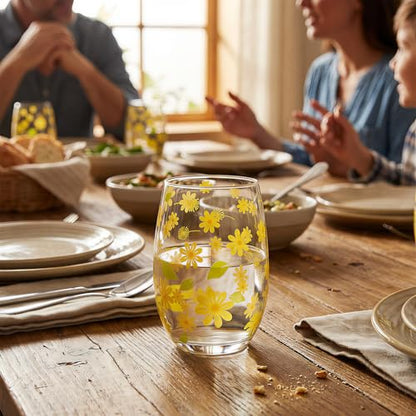 Hand Blown Etched Stemless Wine Glasses 19oz, Set of 4, Everyday Drinking Glasses, Large capacity, Unique Gifts for Him Her for Birthday, Wedding, Anniversary (Clear With Daisy) - color: Clear With Daisy
