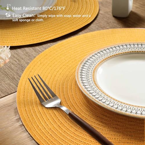 FunWheat Round Braided Placemats Set of 6 Place mats for Dining Tables Woven Heat Resistant Table Mats 15 inch (Yellow,6pcs) - color: Solid Yellow, size: 6pcs