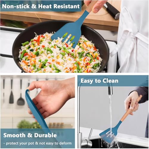 Silicone Kitchen Cooking Utensils Set 5Pcs Non-Stick Silicone Kitchen Utensils Set Spatula Spoon Turner Ladle with Wooden Handle, Heat Resistant Cooking Gadgets for Nonstick Cookware BPA-FREE - color: Blue, size: Standard 5-Piece Set
