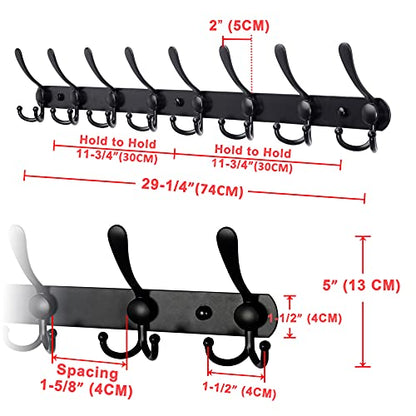 Coat Rack Wall Mount - 29.5” Long 8-Tri-Hooks Heavy Duty Coat Hanger Rail Wall Hooks for Hanging Coats Hats Clothing Clothes Purse Mudroom Entryway, Black, Pack of 2 - color: Black, size: L=29.5” (2 Pcs)