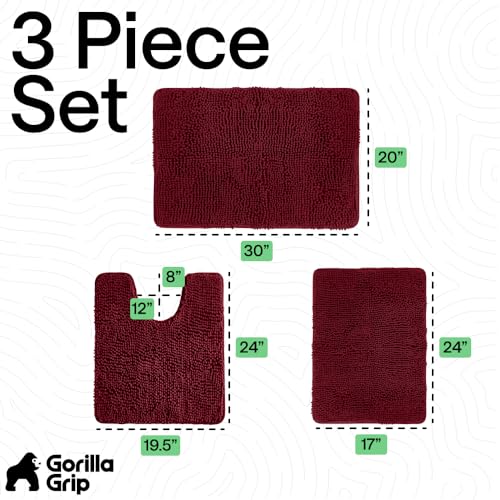 GORILLA GRIP Bathroom Rug Sets 3 Piece, Bath Mat Set and Oval Toilet Base with Rubber Backing, Plush Absorbent Shaggy Chenille Washable Mats, Includes 24x19.5, 24x17 and 30x20 Inch Rugs, Burgundy - color: Burgundy, style: 24"x19.5" + 24"x17" + 30"x20" - 3