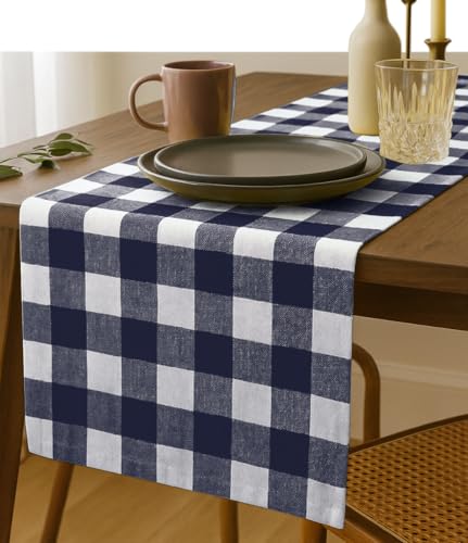 Navy Blue Buffalo Check Table Runner, 13x90 Inches, 100% Cotton, Washable Farmhouse Dining Table Linen, Reusable Classic Plaid Décor for Weddings, Holidays and Everyday Use - color: Navy Blue, size: 90" x 13" (Rectangular)