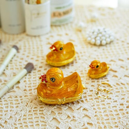 YU FENG Family Duck Trinket Box Hinged Jewelry Holder Animal Figurine Decor | Duck Family Design, Painted Enamel Finish, Jeweled Crystal Accents, Hidden Keepsake Storage, Collectible Animal Decor Gift