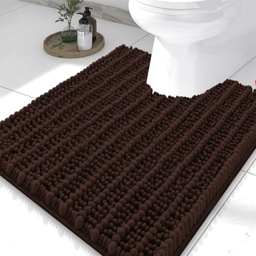 Smiry Bathroom Toilet Rugs U Shaped 24X20, Chenille Bath mats for Toilet | Brown Extra Soft Absorbent Non Slip Rubber Backing Contour Bath Rugs for Toilet, Machine Washable Contoured Bath Mats - color: Brown, size: 24'' X 20''