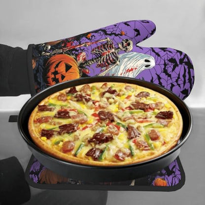 Giwawa Halloween Pumpkin Oven Mitts and Pot Holder Set of 2 Spooky Ghost Bat Heat Resistant Kitchen Gloves Hot Pad for Baking Cooking Grilling BBQ - color: Halloween Purple