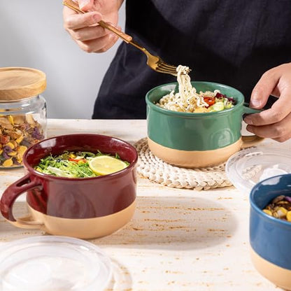 GBhome Ceramic Soup Mugs with Handles and Lids,24 OZ Soup Cups Set of 2 | Terracotta Underside,Mug Bowls with Spoon for Soup/Cereal/Salad/Noodles/Ramen/Microware &Dishwasher Safe-Green&Purple - color: Green&Purple