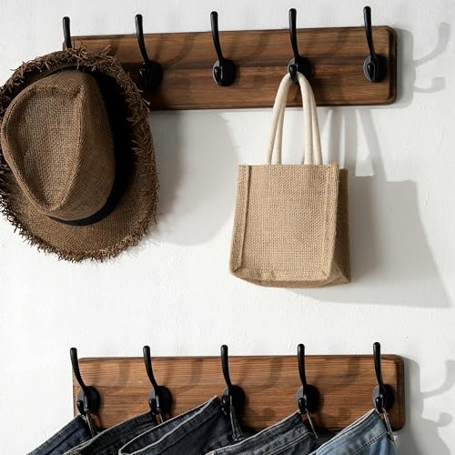 SKOLOO Rustic Wall Mounted Coat Rack with 16 Inch Mounting Hole Distance, Pine Solid Wood Coat Hook Hanger - 5 Hooks for Hanging Clothes Robes Towels Coats - color: Brown Plate & Black Hook, size: 1 Item-5 Hooks