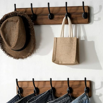 SKOLOO Rustic Wall Mounted Coat Rack with 16 Inch Mounting Hole Distance, Pine Solid Wood Coat Hook Hanger - 5 Hooks for Hanging Clothes Robes Towels Coats - color: Brown Plate & Black Hook, size: 1 Item-5 Hooks