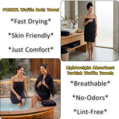 PÜSKÜL 2-Piece Natural 100% Turkish Cotton Waffle Bath Towels Extra-Large | Black, 32x63" Bath Sheet Towel, Light Soft Absorbent Quick-Dry Lint-Free Premium Honeycomb Weave Oeko-Tex Made in Turkiye - color: Black