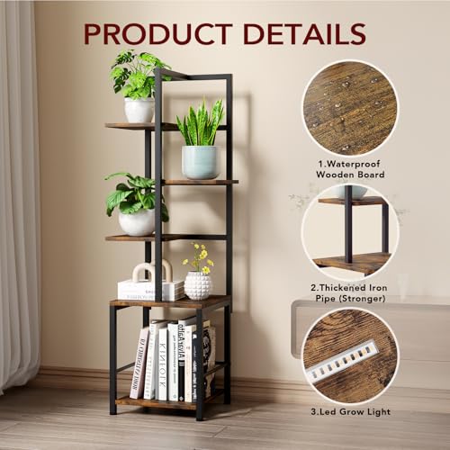 Plant Stand Indoor with Grow Light, 5-Tiered Tall Plant Stand Indoor, Metal Plant Shelf with Bookshelf Bookcase and Adjustable Light, Ideal for Living Room, Reading room, Garden, Patio (Brown)