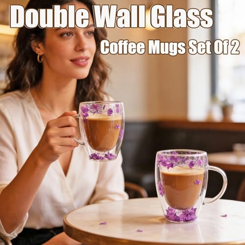 Viovian 13oz Double Wall Glass Coffee Mugs Set of 2 Insulated Glass Coffee Cups with Handles,Clear Dried Flower Tea Mug for Hot Beverages,Tea Cup Women Birthday Gifts - color: 13oz double wall glass mugs set of 2（Purple Hydrangea）