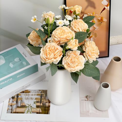 16’’ Artificial Flowers with Vase, Silk Flower Arrangements | White Ceramic Vase with Peonies Flowers Bouquet, Home Office Dining Table Centerpiece Decor, Champagne - color: Champagne