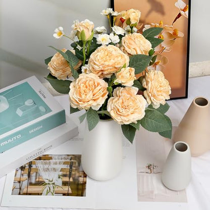 16’’ Artificial Flowers with Vase, Silk Flower Arrangements | White Ceramic Vase with Peonies Flowers Bouquet, Home Office Dining Table Centerpiece Decor, Champagne - color: Champagne
