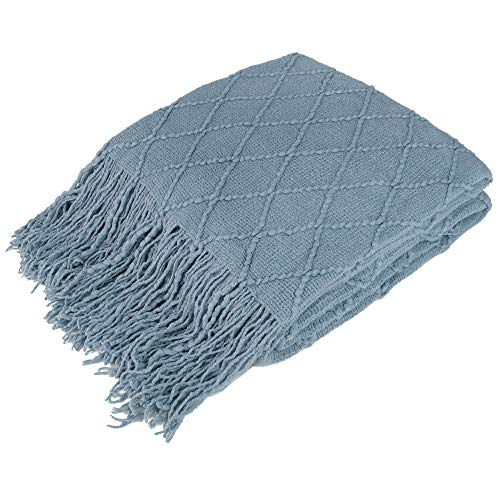 PAVILIA Dusty Blue Knit Throw Blanket for Couch Bed, Soft Knitted Farmhouse Sofa Throw for Living Room, Lightweight Decorative Summer Throw Blanket for Chair, Outdoor Textured Boho Blanket, 50x60 | Lightweight Decorative Summer Fall Throw, Outdoor Texture