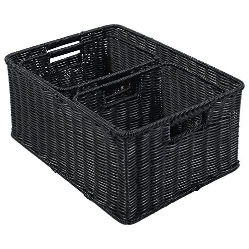 HOONEX Large Wicker Baskets for Storage, Woven Plastic With Dual Handles, Set of 3, Black - color: Black, size: 17 x 12.2 x 7.5 inches