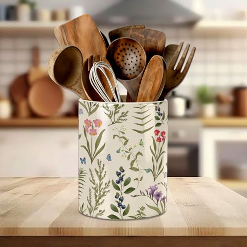 Fall Floral Kitchen Utensil Holder, Fall Wildflowers Large Ceramic Utensil Holder, 6.3'' Farmhouse Cooking Utensil Crocks Leaves Kitchen Organizer Utensil Storage Cup for Countertop - color: Wild Flowers