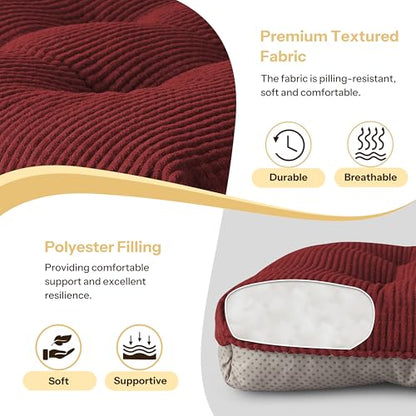 Anti Slip Kitchen Chair Cushions Set of 4 18"X16.5"X3" Red | Elegant Breathable Textured Fabric, with Ties, Tufted, Thick Polyester Filling, for Dining Chairs, Folding Chairs, Office - color: Red