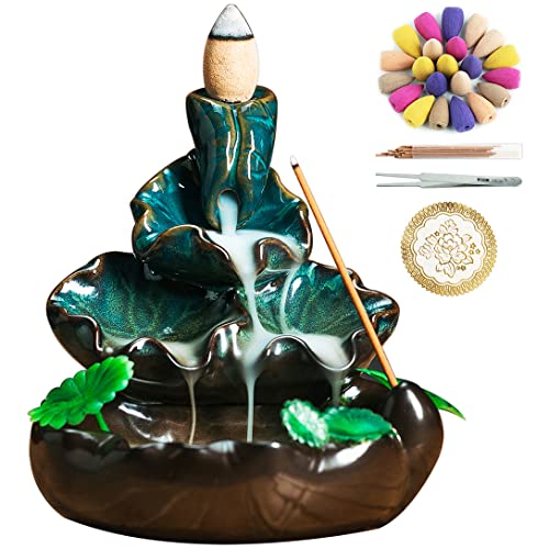 Cute Ceramic Backflow Incense Holder Waterfall Incense Burner with 48 Incense Cones and 30 Incense Stick, Incense Fountain for Home Decor, Desk Decor(Cyan) - color: Cyan