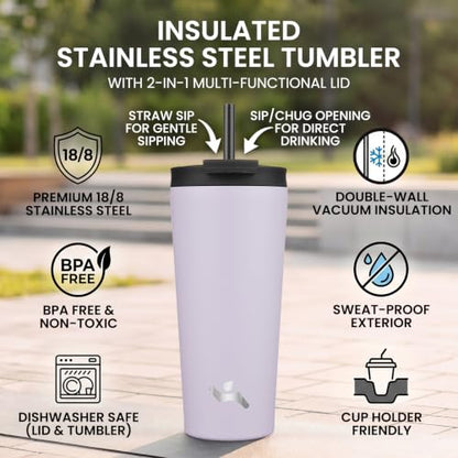 Konokyo 18 oz Insulated Tumbler Water Bottle with Straw Lid, Taro | Stainless steel insulated tumbler for coffee, water and iced drinks; spill-proof lid, 2 straws, cup-holder friendly - color: Taro, size: 18 Ounces