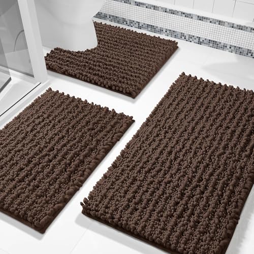 Yimobra Brown Bathroom Rug Set 3 Piece - Super Absorbent Quick Dry Chenille Bath Mats & Toilet Rug, Non Slip Machine Washable, Extra Thick Shaggy Floor Mat for Shower Tub Sink - color: Brown, size: 24"x17" + 24"x20" + 30"x20"