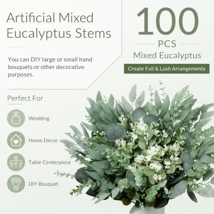 100 Pcs Mixed Artificial Eucalyptus Stems Leaves Bulk, 4 Kinds Faux Greenery Silver Dollar Dried Plant Leaves for Wedding Decor Centerpieces Vase Bouquet Floral Arrangements