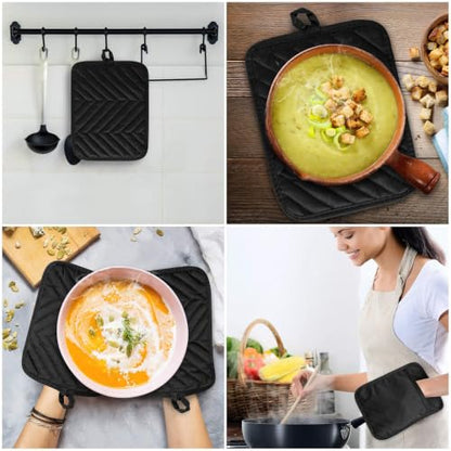 R HORSE 6Pcs Black Pot Holders with Pocket for Kitchen, 7''x 9'' | Cotton Potholders, Heat Resistant Oven Mitts, Non-slip Terry Cloth Trivet, Ideal for Baking Cooking, Machine Wash - color: Black