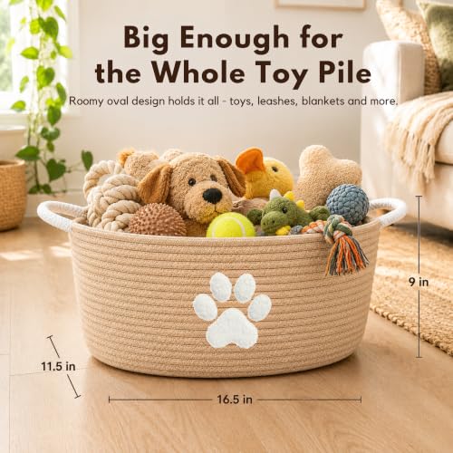 Dog Toy Basket with Handles, Boho Cotton Rope Storage Bin Organizer | Warm boho dog toy organizer, natural woven look. Holds toys, blankets & leashes. Machine washable, collapsible rope bin - color: Khaki / White Paw